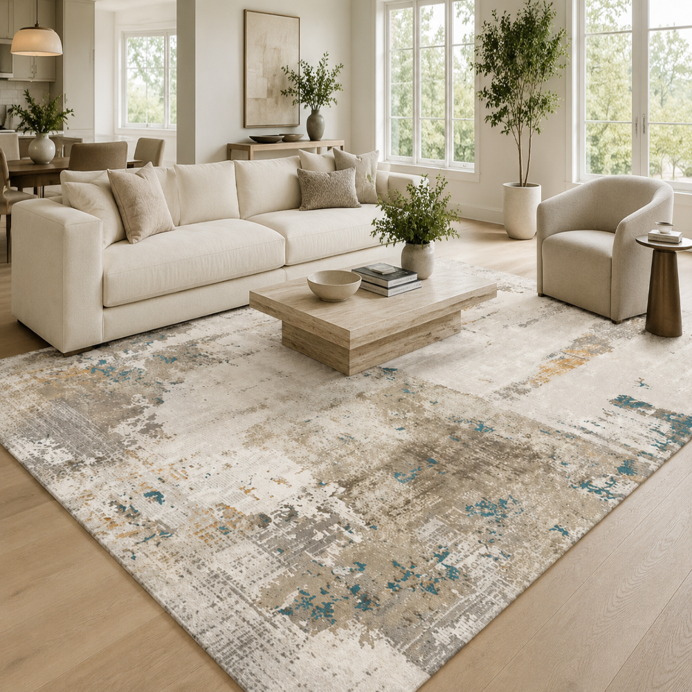 Calista, tapis moderne abstrait beige et taupe en situation